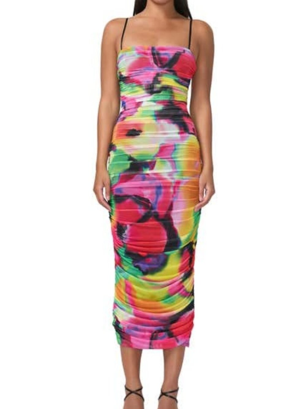 AFRM Hazel Abstract Print Mesh Ruched Bodycon Midi  - S - SPRAY FLORAL